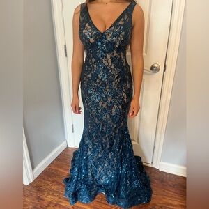 Blue JOVANI Sleeveless V-Neck Prom Gown